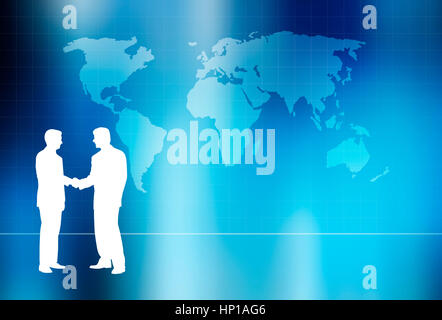 La carte du monde et des hommes d'une poignée de main des silhouettes comme concept d'entreprise mondial Banque D'Images