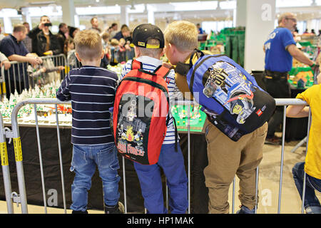 Copenhague, Danemark. Feb 17, 2017. Les enfants et les adultes de tous âges deviennent fous à l'assemblée annuelle de l'événement du monde de LEGO dans le Bella Center de Copenhague. Le Groupe LEGO est la plus grande compagnie de jouets par revenu et les briques en plastique colorés semblent plus populaires que jamais à la famille, qui inclut les modèles LEGO géant, attractions spectaculaires et la sortie de mondes de thèmes LEGO. Gonzales : Crédit Photo/Alamy Live News Banque D'Images