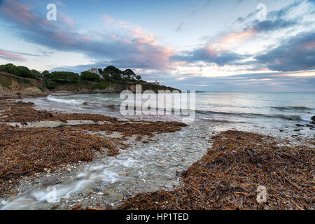 Lever du soleil à Colona Beach et à la chapelle au point, sur la côte sud-ouest près de chemin Portmellon à Cornwall Banque D'Images