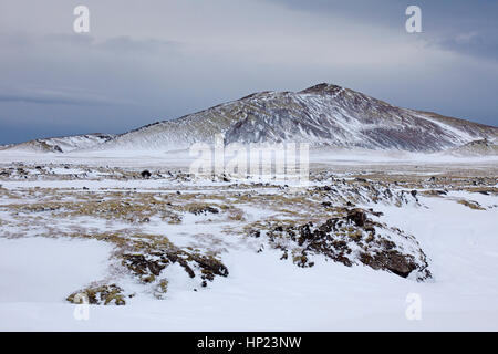 Champ de lave et Snaefellsjoekull stratovolcan recouvert de neige au Parc National de Snæfellsjökull en hiver sur la péninsule de Snæfellsnes en Islande Banque D'Images