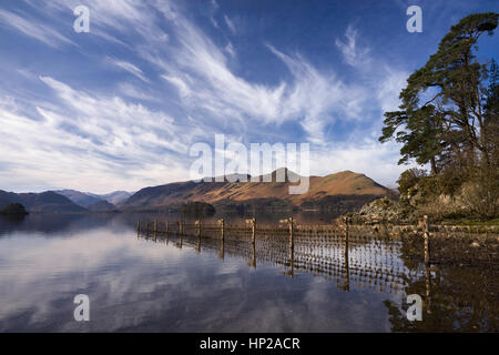 Barrière de nuages et de réflexions dans Derwentwater. Vue depuis le Frère's Crag. Banque D'Images