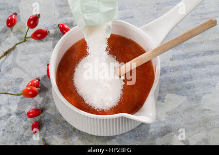 Hagebutten-Marmelade Hagebutten kochen, marmelade aus kochen, Gelierzucker wird zugegeben, Hunds-Rose, Hundsrose, Heckenrose, Rose, Wildrose Früchte, Banque D'Images