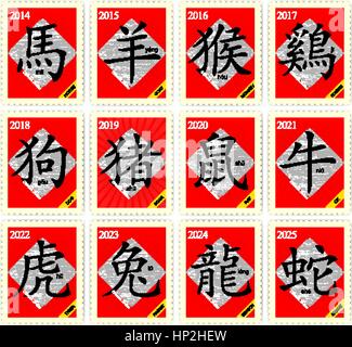 Vector 12 signes du zodiaque chinois avec timbre-poste Illustration de Vecteur