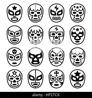 Les masques de catch mexicain de Lucha Libre - ligne icônes noires. Vector icons set de masques portés lors des combats de lutte au Mexique isolated on white Illustration de Vecteur