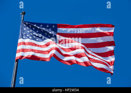 American ou USA drapeau dans le vent avec un mât sur ciel bleu clair Banque D'Images