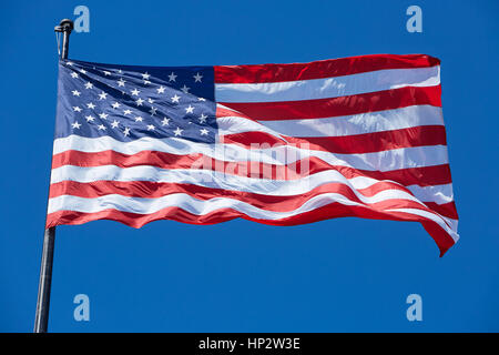 Drapeau américain USA ou au vent sur ciel bleu clair Banque D'Images