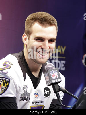 Le quarterback des Ravens de Baltimore Joe Flacco s'entretient avec les journalistes lors de la Journée des médias du Super Bowl XLVII, le 29 janvier 2013, à la Nouvelle-Orléans, en Louisiane. Photo de Francis Specker Banque D'Images