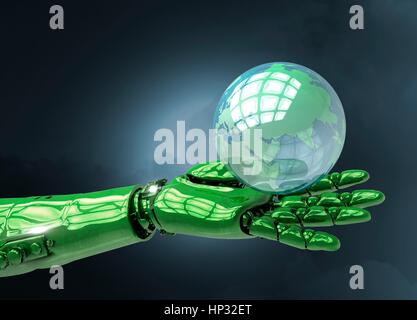 Main robotique holding globe, illustration. Banque D'Images