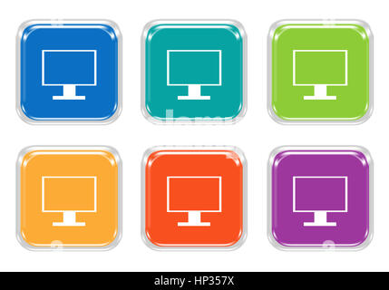 Ensemble de boutons colorés au carré avec écran de télévision ou un écran d'ordinateur en symbole bleu, vert, jaune, orange et pourpre, Banque D'Images