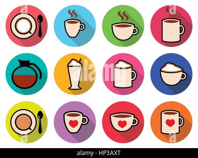 Vector icons set café en couleur. Icons set café isolé sur blanc - les grains de café, mug, tasse, types de café Illustration de Vecteur