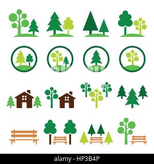 Arbres, forêt, parc vert vector icons set. La nature, les arbres icons set isolated on white Illustration de Vecteur