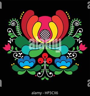 L'art populaire norvégien - Motif de broderie style Rosemaling sur noir. Arrière-plan de vecteur de l'art populaire de Norvège floral isolated on black Illustration de Vecteur