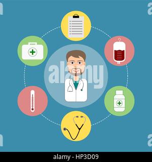 Jeune médecin de caractère entourée par des fournitures médicales. Professionnels des soins médicaux en robe blanche avec stéthoscope. Médecin avec barbe en souriant. Vector Illustration de Vecteur