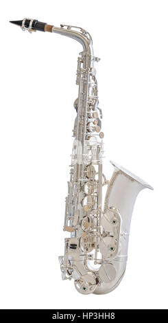 Saxophone d'argent. Instrument à vent Musique classique isolé sur fond blanc Banque D'Images