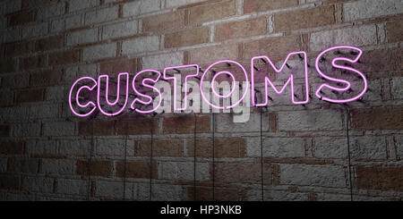 Douane - Glowing Neon Sign sur mur en pierre - rendu 3D illustration libres de droits. Peut être utilisé pour des bannières publicitaires en ligne et de publipostage. Banque D'Images