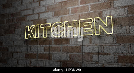 Cuisine - Glowing Neon Sign sur mur en pierre - rendu 3D illustration libres de droits. Peut être utilisé pour des bannières publicitaires en ligne et de publipostage. Banque D'Images