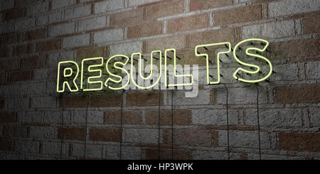 Résultats - Glowing Neon Sign sur mur en pierre - rendu 3D illustration libres de droits. Peut être utilisé pour des bannières publicitaires en ligne et de publipostage. Banque D'Images