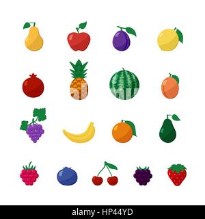 Vector Icons Fruits et de baies dans un style plat Set Isolated over White avec pomme, poire, banane, citron, cerise, fraise, framboise, myrtille, noir Illustration de Vecteur