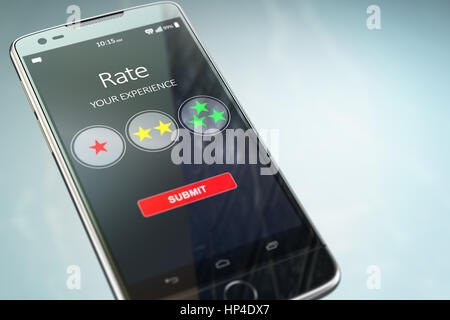 Téléphone intelligent ou mobile avec texte évaluer votre expérience sur l'écran. Estimation de rétroaction et d'examen en ligne concept. 3d illustration Banque D'Images