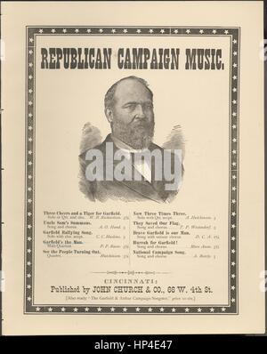 Sheet Music image de couverture de la chanson 'Campagne républicaine ou Solo musique Quartet', avec une œuvre originale à lire 'notes' par CC Haskins, United States, 1880. L'éditeur est répertorié comme "John Church et Co. 66 W. 4ème rue', la forme de la composition est "avec trophiques SATB chorus', l'instrumentation est 'piano et voix", la première ligne se lit 'Hark au son de l'enflure dans la brise haut', et l'illustration artiste est répertorié comme 'Aucun'. Banque D'Images