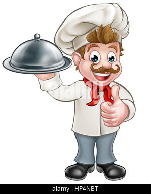 Chef de bande dessinée ou baker tenant une cloche d'argent plaque food platter et giving Thumbs up Banque D'Images