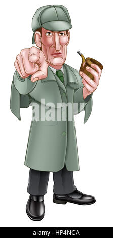 Un dessin animé style Sherlock Holmes détective victorien de caractère deerstalker hat holding un tuyau et pointant vers le spectateur Banque D'Images