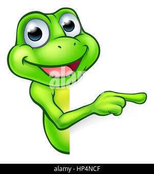 Une illustration d'une grenouille cute cartoon mascot character peeking autour d'un signe et de pointage Banque D'Images