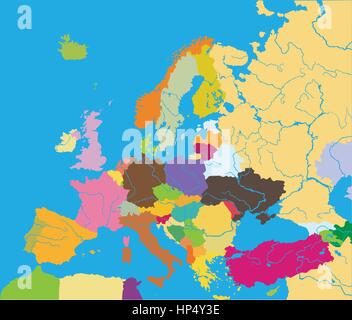 Color carte politique de l'Europe avec des frontières de pays Illustration de Vecteur