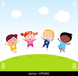 9444322 - heureux de sauter les filles et garçon. vector illustration de groupe pour les enfants. Banque D'Images