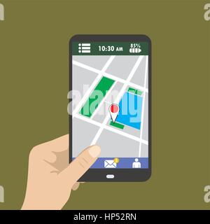 Hand holding smart phone, gps carte sur mobile, télévision design. Illustration de Vecteur