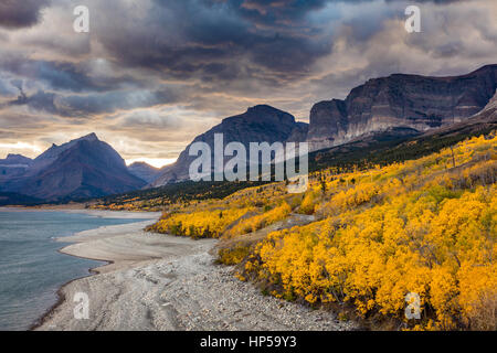 Ciel dramatique en automne dans le Glacier National Park, Montana, USA. automne feuillage en couleur de pointe sur la rive du lac Sherburne. Les nuages et la fumée de bois Banque D'Images