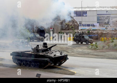 Abu Dhabi. Feb 19, 2017. Les membres de l'eau démontrent les forces militaires au cours d'un show à l'inauguration de l'Exposition et Conférence internationales de défense (IDEX) à Abu Dhabi, les Émirats arabes unis le 19 février 2017. L'IDEX biennal le coup d'ici dimanche avec un accent particulier sur les technologies. Credit : Zhao Dingzhe/Xinhua/Alamy Live News Banque D'Images