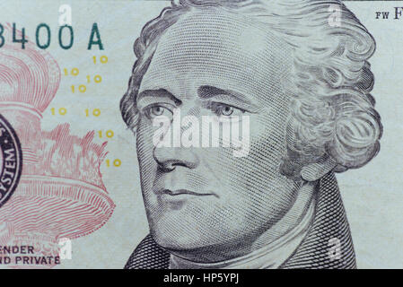 Alexander Hamilton face sur nous 10 ou 10 dollars l'unité de loi macro, Banque D'Images