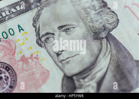 Alexander Hamilton face sur nous 10 ou 10 dollars l'unité de loi macro, Banque D'Images