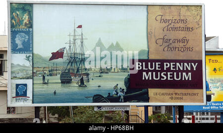Port Louis, Maurice, bleu Blue Penny Museum, Maurice, affiche publicitaire pour Blue Penny Museum Banque D'Images