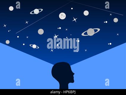 Concept de pensée avec le profil d'un homme sur le fond de l'espace bleu. La tête humaine, de l'imagination, la méditation, la contemplation. Les droits de l'esprit. Vector Illustration de Vecteur