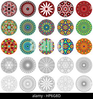 Ensemble de vingt cinq et monochrome coloré géométrique stylisé fleurs rondes, vector illustration Illustration de Vecteur