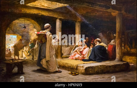 Peinture de l'artiste orientaliste, Frederick Arthur Bridgman (1847-1928) intitulée "Cafe à Biskra, Algérie", huile sur toile, 1884 Banque D'Images