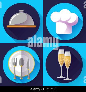 Restaurant icons set télévision cuisine style et cuisine, servir des aliments. Illustration de Vecteur
