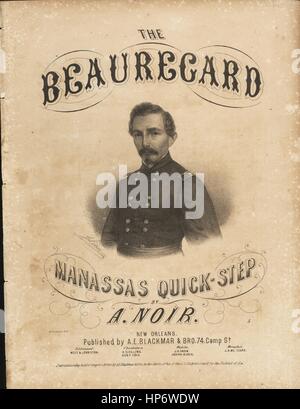 Sheet Music image de couverture de la chanson 'Le Beauregard Manassas délicieuses', avec une œuvre originale lecture notes par un 'noir', 1861. L'éditeur est répertorié comme "Blackmar et Fr., 199, rue Large', la forme de composition est 'sectional', l'instrumentation est 'piano', la première ligne se lit 'Aucun', et l'illustration artiste est répertorié comme "W.H. Leeson N.O. ; J. Lion [del.]'. Banque D'Images