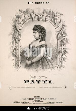 Feuille de musique image de couverture de la chanson 'les chansons de Carlotta Patti la chanson de rire', avec des notes d'auteur originales lisant 'arrangé de 'Manon Lescaut' par JCJ', Etats-Unis, 1868. L'éditeur est répertorié comme 'Olver [sic] Ditson and Co., 277 Washington St.', la forme de composition est 'trophic with chorus', l'instrumentation est 'piano et voix', la première ligne lit 'Oh si vous aimez une femme de ménage douce, et souhaitez la foire à sérénade', Et l'artiste d'illustration est listé comme 'J.H. Bhufford. 490 laver. St.'. Banque D'Images