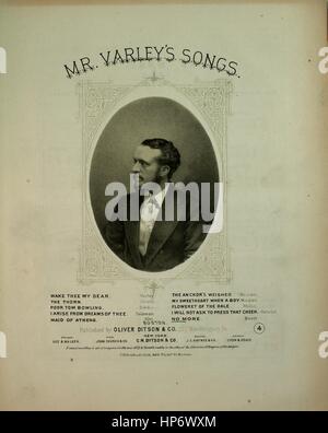 Sheet Music image de couverture de la chanson 'Mr Varley's Chansons pas plus', avec des notes de l'auteur original de la lecture des mots "de la musique allemande Ruckert par F Boott', United States, 1873. L'éditeur est répertorié comme 'Oliver Ditson et Co., 277 Washington St.', la forme de composition trophique', 'est l'instrumentation est 'piano et voix", la première ligne se lit "J'ai vue une fois, mais pour un temps, et puis pas plus', et l'illustration artiste est répertorié comme "J.H. Bufford's Lith. 490 Washn. St Boston'. Banque D'Images