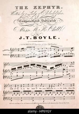Sheet Music image de couverture de la chanson 'Le Zephyr', avec l'auteur original "Lecture notes écrit par une dame de Philadelphie composé par JT Boyle', United States, 1831. L'éditeur est répertorié en tant que dépositaire de Bourne 'Arts, 359 Broadway', la forme de composition trophique', 'est l'instrumentation est 'piano et voix", la première ligne se lit ''Mid les cloches de la Lys les bourgeons de la rose', et l'illustration artiste est répertorié comme 'Engrd. par T. Birch'. Banque D'Images