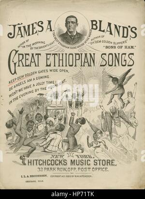 Sheet Music image de couverture de la chanson 'garder grand ouvert les portes d'or dem UN James Bland's Great Ethiopian Songs', avec une œuvre originale lecture notes '[un] James Bland', United States, 1880. L'éditeur est répertorié comme "Hitchcock's Music Store, 32 Park Row, OPP. Bureau de poste', la forme de la composition est "avec chœur trophique', l'instrumentation est 'piano et voix", la première ligne indique 'chevaux à l'attelage de char, dem, en passant par l'entraînement de porte d'or', et l'illustration artiste est répertorié comme 'Aucun'. Banque D'Images