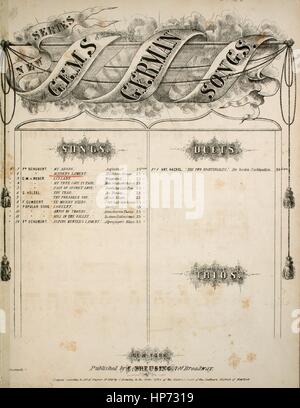 La couverture de la chanson 'New Series Gems of German Songs No 2 le filament de Maiden Madchens Klage [anglais et allemand]', avec des notes originales de l'auteur lisant 'Poetry from Schiller's 'Wallenstein' Music by Franz Schubert', Etats-Unis, 1860. L'éditeur est répertorié comme « C. Breesing, 701 Broadway, la forme de composition est 'trophique', l'instrumentation est 'piano et voix', la première ligne se lit 'les nuages sont en vol, le roar d'oakwoods, le siège de jeune fille sur la côte', et l'artiste d'illustration est inscrit comme 'Shktackpole, SC'. Banque D'Images