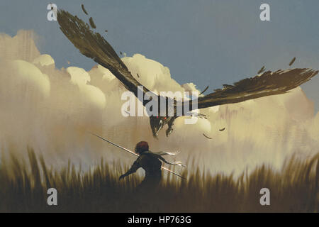 La grande attaque de l'aigle le guerrier d'en haut dans un champ,illustration peinture Banque D'Images