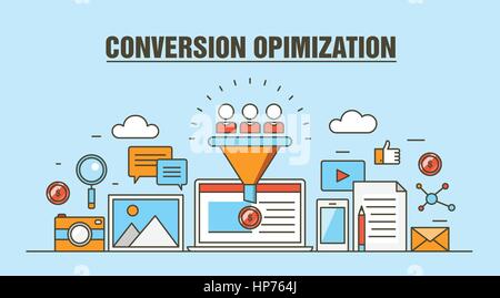 Concept d'optimisation de conversion, les utilisateurs entrant dans un entonnoir de ventes, stratégie de marketing numérique à convertir les pistes en ventes, modèle plat vector banner Illustration de Vecteur