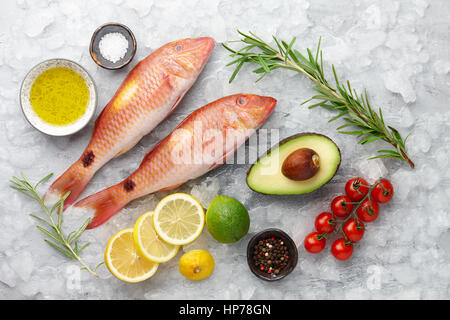 Poisson rougets frais avec le citron, le romarin, l'avocat, le piment et les épices sur fond de pierre glacée Banque D'Images