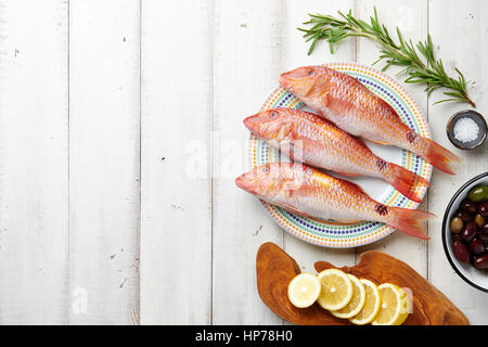 Rouget frais avec de l'huile de cuisson du poisson, herbes et citron sur fond de bois blanc Banque D'Images