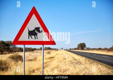 Phacochère panneau d'avertissement sur l'autoroute, la Namibie, l'Afrique Banque D'Images